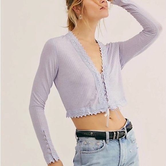 Free People Tops - Free People Third Date Ribbed Long Sleeve Cropped Top in Lilac Lace Size XS